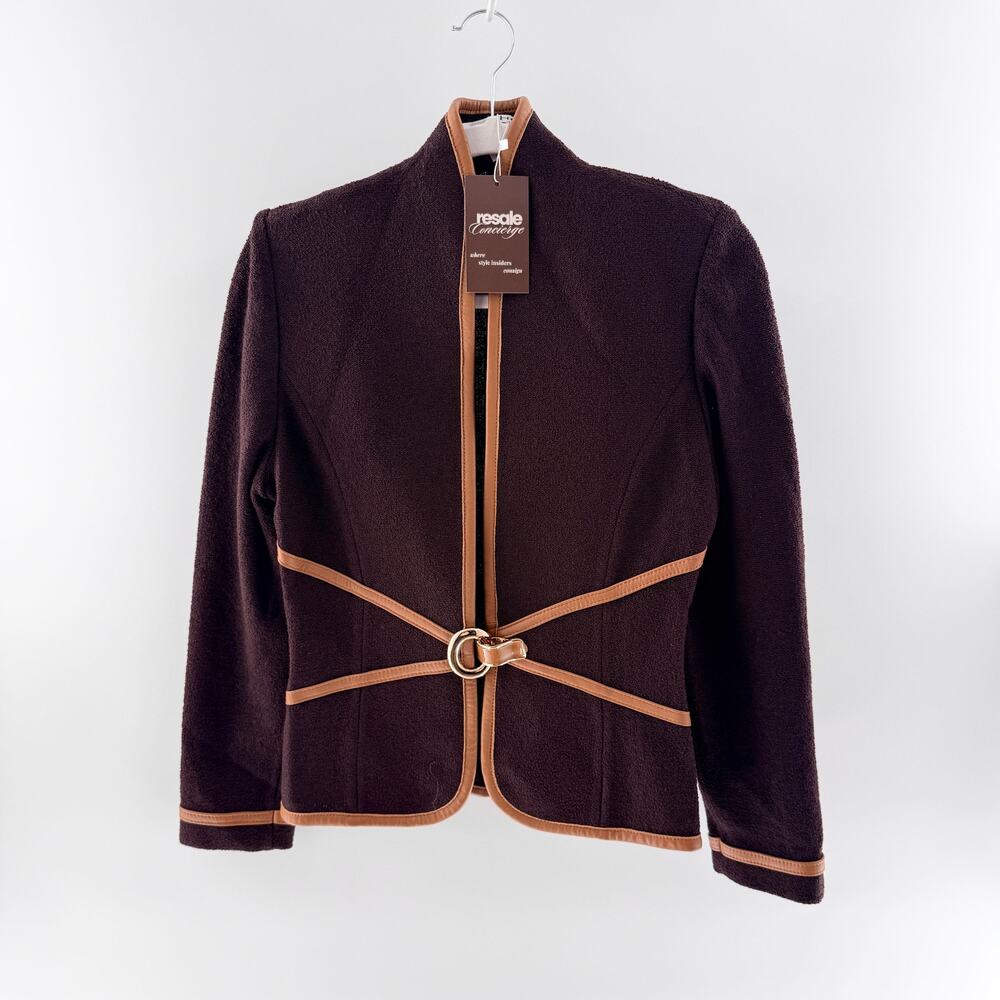 St. John Leather-Trimmed Wool Long Sleeve Equestrian Jacket Brown Tan Women's 2